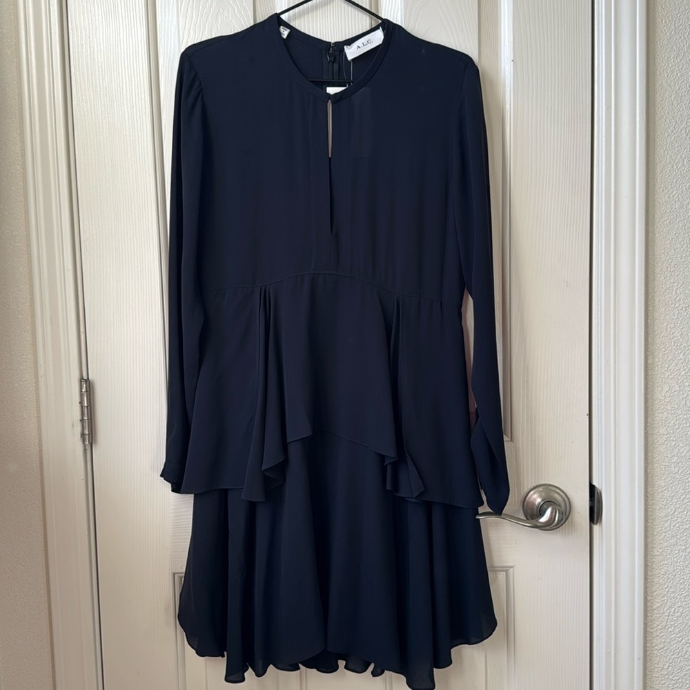 NWT A.L.C. Long sleeve Tiered Pleated 100% SILK dark navy blue Mini Dress size 4